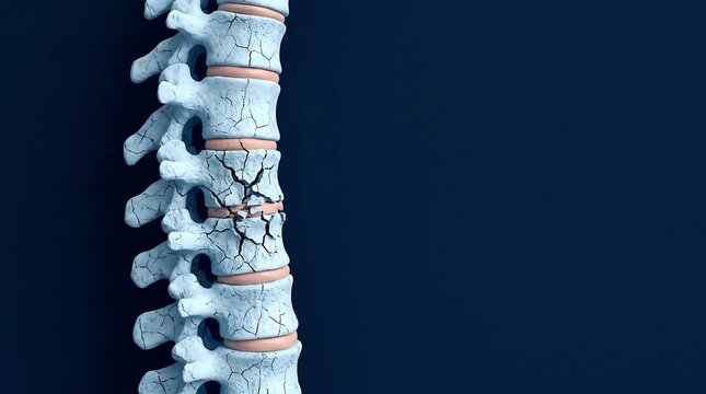 3D render of a cracked and fractured human spine on blue background