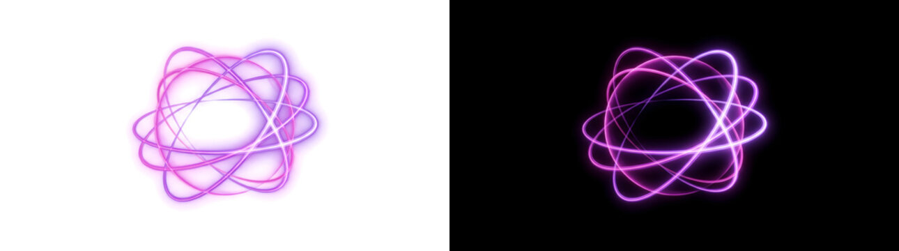 Purple and pink neon light trails swirling into a glowing atom shape for futuristic technology designs in PNG, Transparent and Black Background Versions
