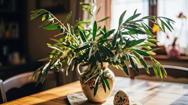 Olive branch in decorative vase on wooden table with easter egg. Spring floral arrangement in sunlit room. Easter holiday symbol of peace renewal and home decor for seasonal celebration
