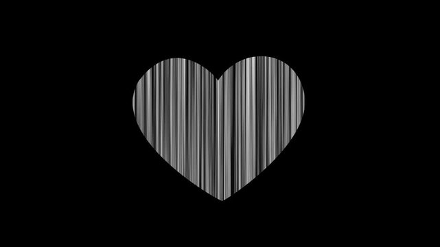 Black and white mixed broken heart shape symbol with beating pulse effect, broken heart animation, beating heart sign, concept of love, stop motion love symbol on black background for video overlay.