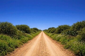 Naklejka premium Dirt Road Leading Through Lush Greenery Under Clear Blue Sky