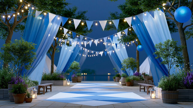 Outdoor event venue decorated with blue and white bunting, string lights, and potted plants, creating a festive atmosphere by a waterfront at night
