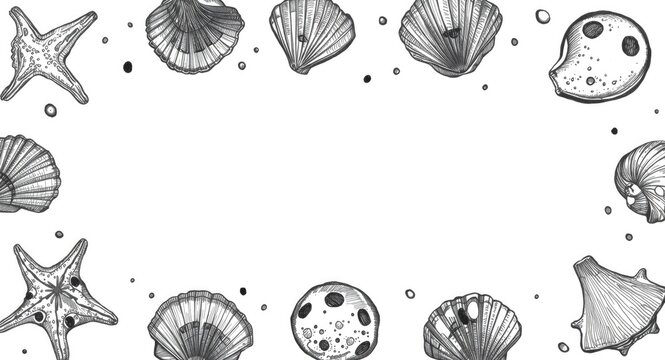 Hand-Drawn Shells and Starfish Border on White Background