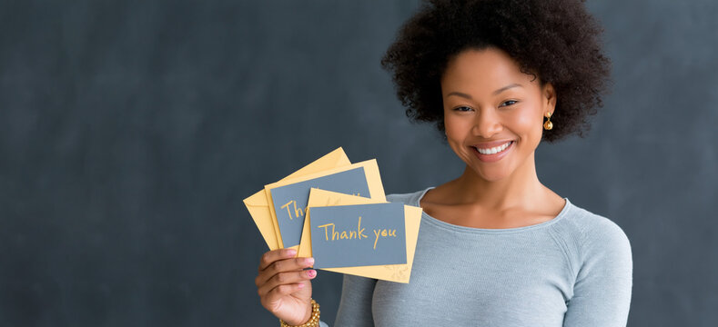 World teachers day. African American woman with curly hair holds thank you cards in front of a dark gray background, showcasing a friendly smile and casual attire