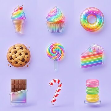 Colorful dessert icons set featuring ice cream cupcake donut cookie lollipop rainbow cake chocolate bar candy cane and stacked macarons.