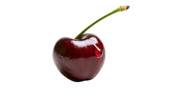 Single ripe dark red cherry with a water droplet, isolated on transparent background