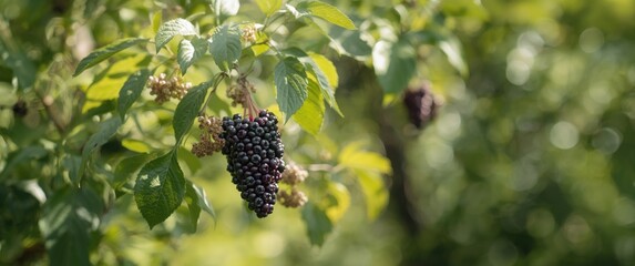 Obraz premium Ripe Black Grapes Growing on a Vine with Green Leaves in Soft Natural Light