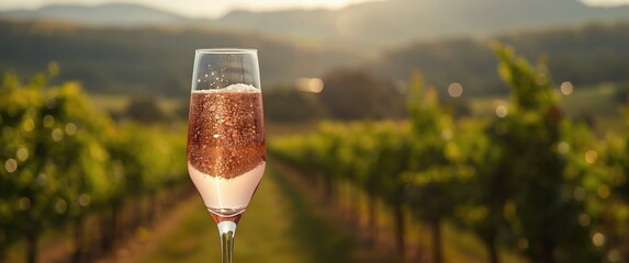 Obraz premium Sparkling Wine Glass in Vineyard at Sunset with Soft Light
