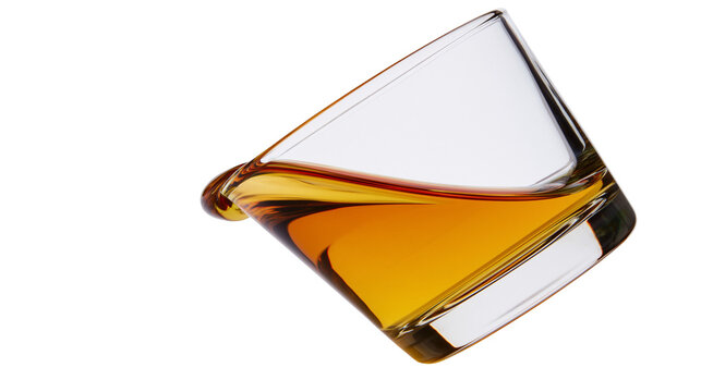 Clear glass tumbler with amber liquid sloshing, isolated on transparent background