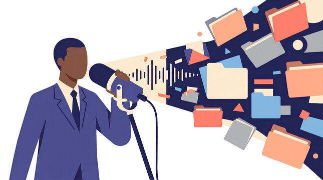 A man speaking into a microphone, with sound waves transforming into digital folders and documents, symbolizing data generation and information flow.
