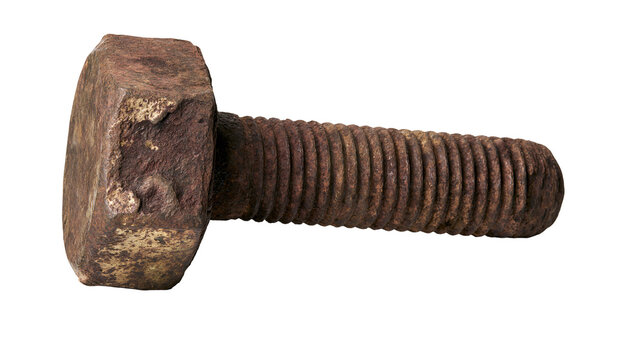 Hexagonal head rusty metal bolt with threaded shaft, isolated on transparent background