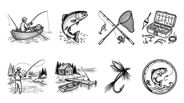 Hand drawn fishing icons set. Vintage angler equipment and outdoor sport vector collection.