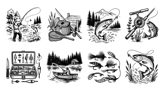 Hand drawn fishing vector collection. Vintage outdoor sport icons and angling equipment set.