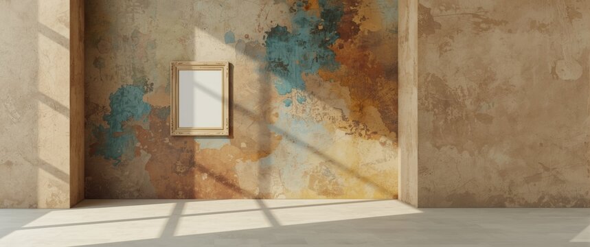 Empty Frame on Textured Wall with Sunlight Shadows in Minimalist Interior
