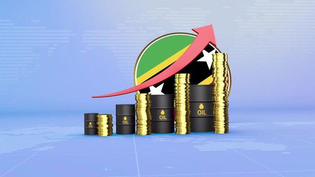 Saint Kitts and Nevis Oil Prices Rising with Oil Barrels, Gold Coins and Upward Red Arrow, 3D Economic and Financial Market Concept