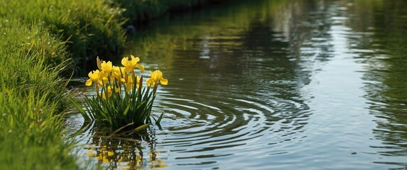 Yellow Irises Blooming by a Tranquil Stream in Soft Morning Light © vxnaghiyev