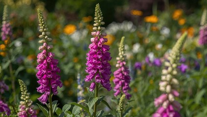 Obraz premium Pink Foxglove Flowers Blooming in a Vibrant Garden Background
