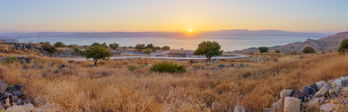 Sunset panorama of Sussita (Hippos) NP, and Sea of Galilee