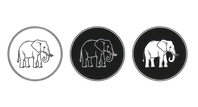 Elephant icon set with circle shapes in black and white styles isolated on transparent background