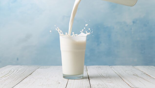 Pouring Milk into a Glass with Splash on a Wooden Surface