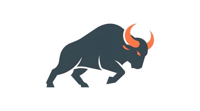 Minimalist logo design of an aggressive bull charging forward in vector flat style