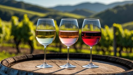Obraz premium Wine Glasses with White Rose and Red Wine on a Wooden Barrel in a Vineyard at Sunset