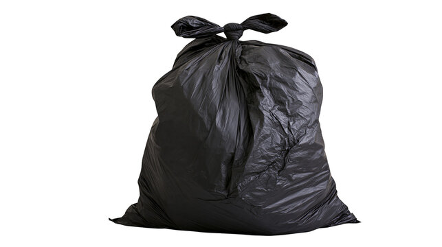 Full black garbage bag tied with a knot, isolated on transparent background