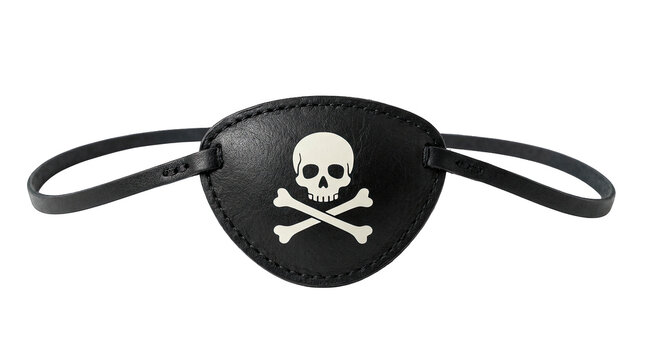 Black pirate eye patch with white skull and crossbones design for halloween costume isolated on transparent background