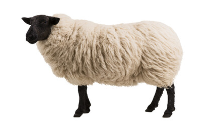 Fluffy white sheep with black face and legs, isolated on transparent background © Nicolas