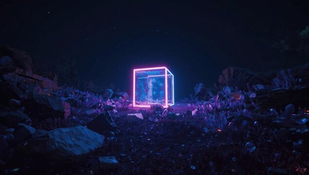 Glowing Neon Cube Surrounded by Crystals Under Starry Night Sky