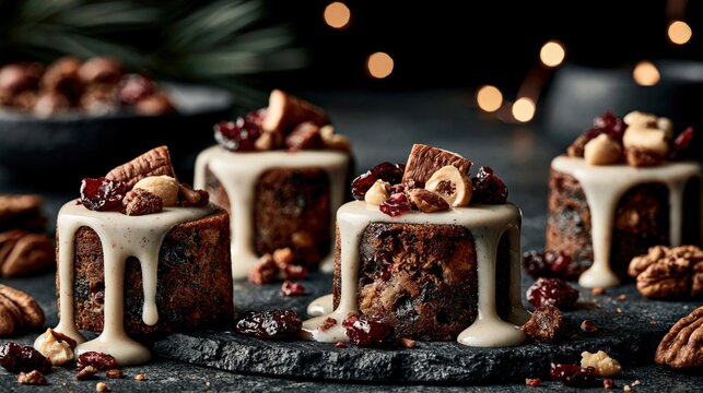 Delicious mini fruitcakes are adorned with icing and nuts.