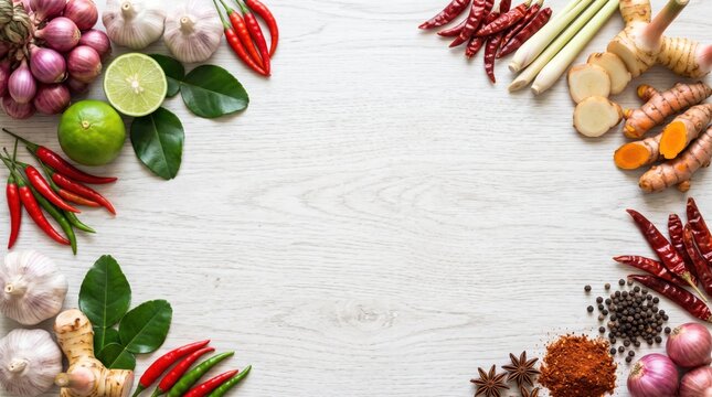 Fresh Thai Food Ingredients and Spices on Wooden Table
