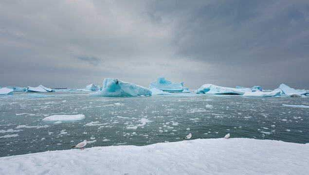 Icebergs Floating in a Cold Ocean Under a Cloudy Sky