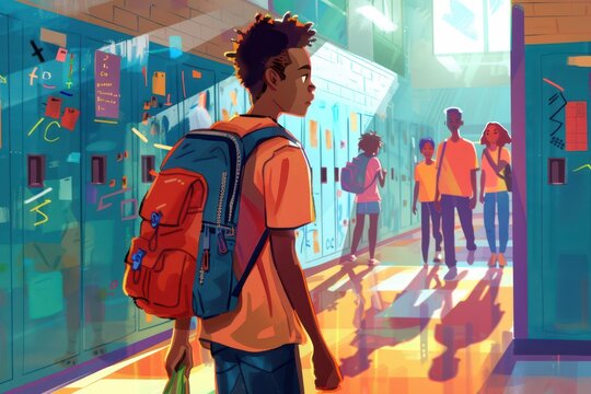 Colorful school hallway scene with student wearing backpack and peers near lockers for back to school poster and corridor background