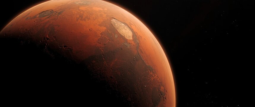 Mars Planet Surface in Space with Red Rock Texture and Dark Background