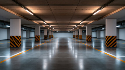 Fototapeta premium Empty underground parking garage concrete floor fluorescent lighting modern architecture striped columns urban clean spacious symmetry