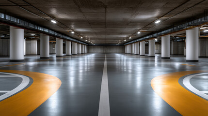 Fototapeta premium Empty underground parking garage concrete floor white columns modern lighting spacious clean urban symmetry architecture interior