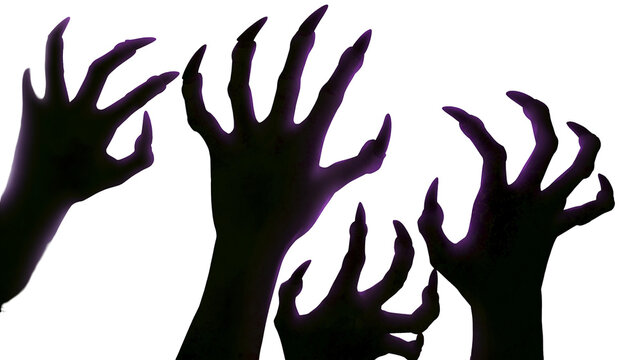 Dark purple monster hands with sharp claws reaching out, isolated on transparent background