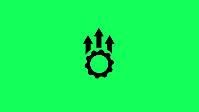 Gear rotating icon with up arrows animation on green background. Animated upward arrow above a gear icon. Gear mechanism producing three rising arrows representing optimized process growth trends