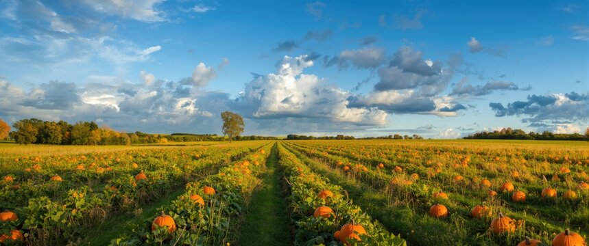 Pumpkin Field Under Blue Sky with Wispy Clouds on a Sunny Day