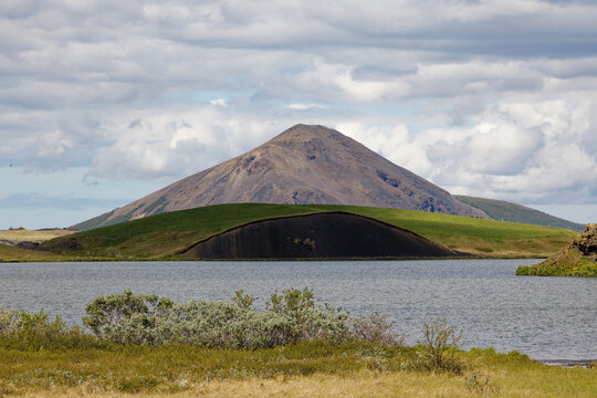 Majestic Volcanic Peak and Pseudocrater at Lake Myvatn, Iceland