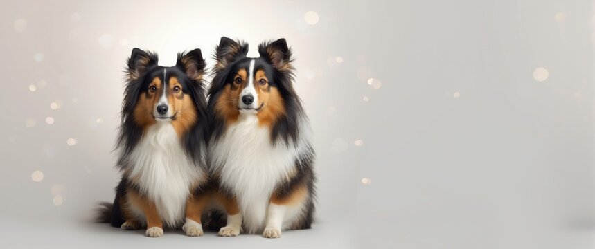 Two Shetland Sheepdogs Sitting Together on a Soft Background with Bokeh Effects