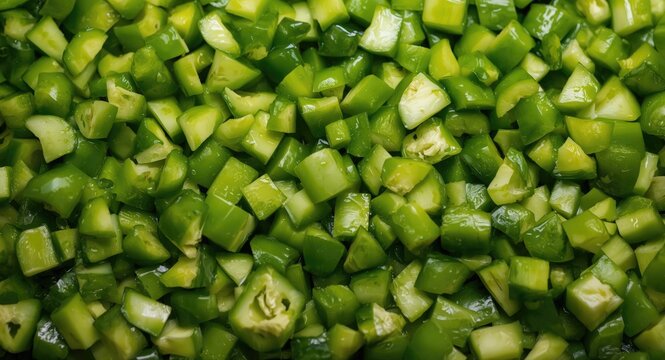 Chopped Green Bell Peppers on a Dark Background in Fresh Arrangement
