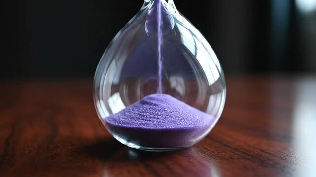 Close up of an hourglass measuring time as purple sand flows from top to bottom on a wooden surface