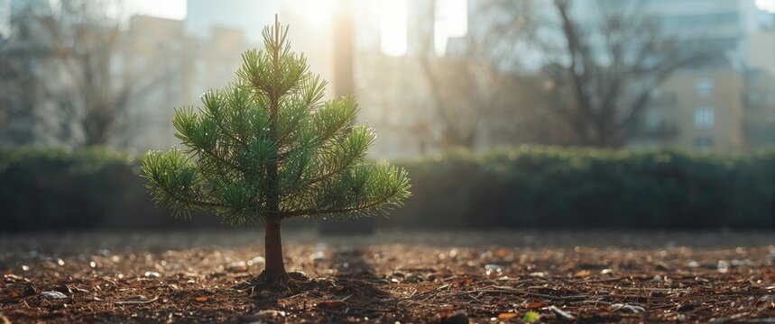 Small Pine Tree Growing in Urban Park with Sunlight Glare and Soft Background