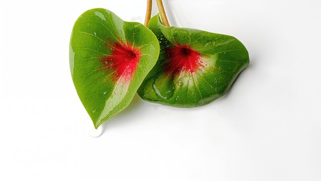 Green Leaves with Red Veins and Water Droplets Isolated on White