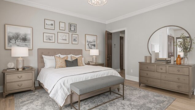 Cozy Modern Bedroom Decorated with Neutral Tones and Artwork on the Walls
