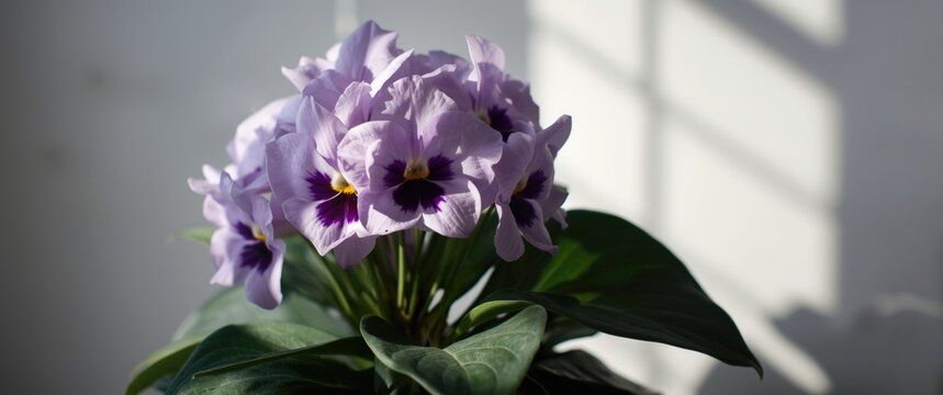 Purple Flowers Blooming in Sunlight with Shadows on a White Wall
