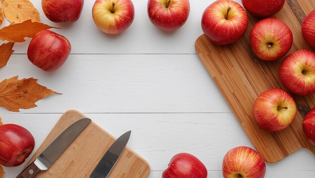 Red Apples on White Surface with Cutting Board and Autumn Leaves