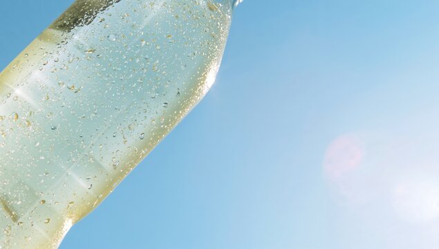 Clear Bottle of Sparkling Water Against a Bright Blue Sky
